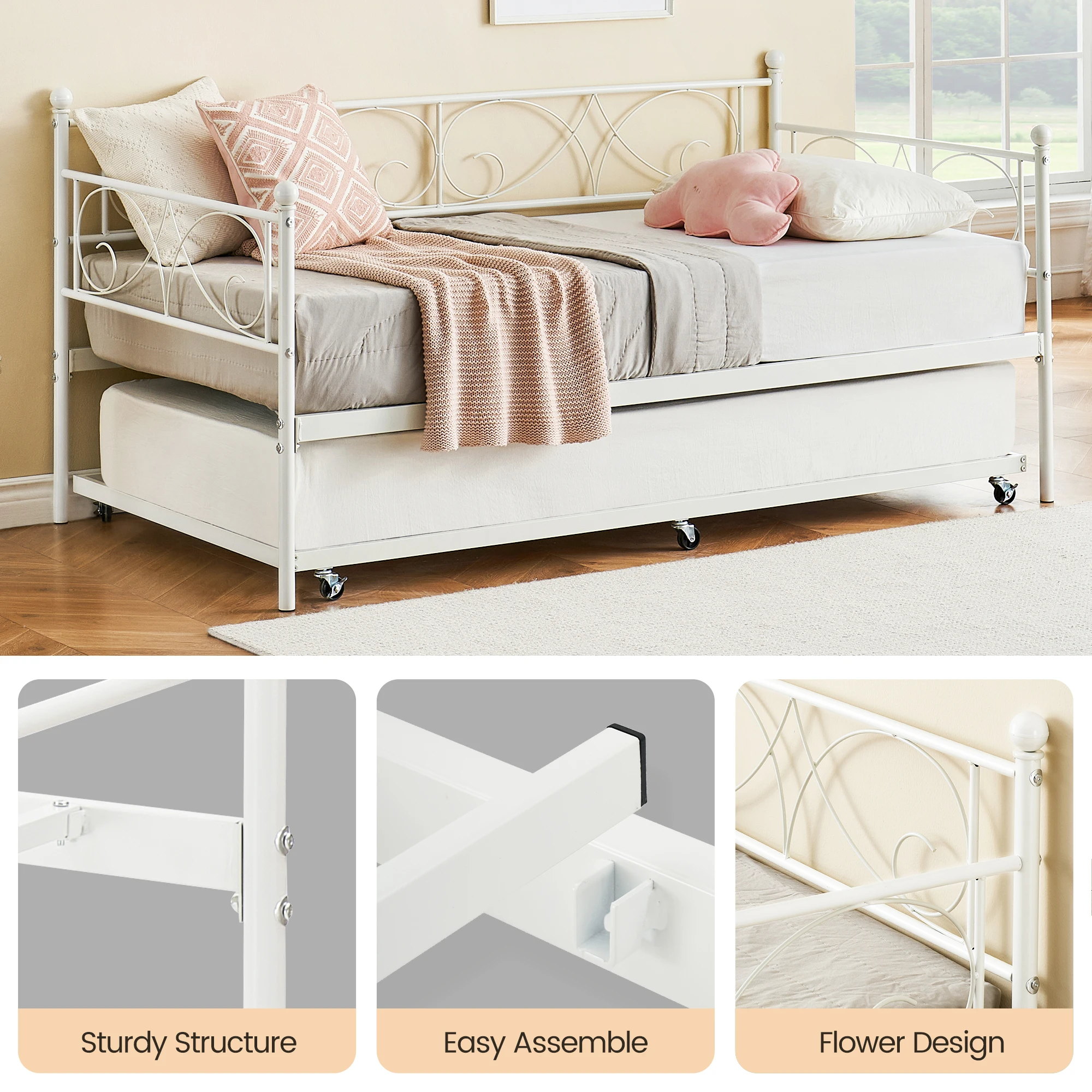 Space-Saving Twin Metal Daybed Frame with Trundle - Heavy-Duty Steel Slat Support, Headboard, No Box Spring Needed - Black/White