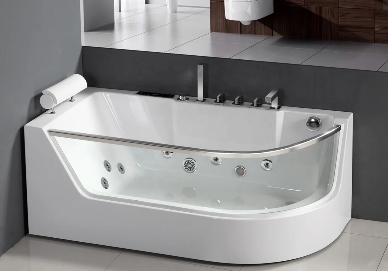 Modern Jetted Corner Bathtub With Air Pump and Overflow, Acrylic Soaking Bath Tub for Bathroom, Freestanding Massage Tub
