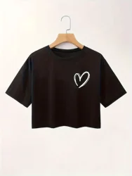 Women's Crop Top T-Shirt with Heart Design Round Neck Short Sleeve Stretchy Sports Tee Comfortable Casual Top