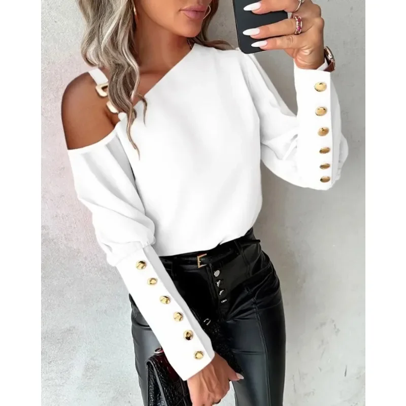 New Women\'s Autumn Commuter Shirt Metal Buckle Diagonal Neck Off Shoulder Shirt Long Sleeve Button Casual Elegant Women\'s Shirt