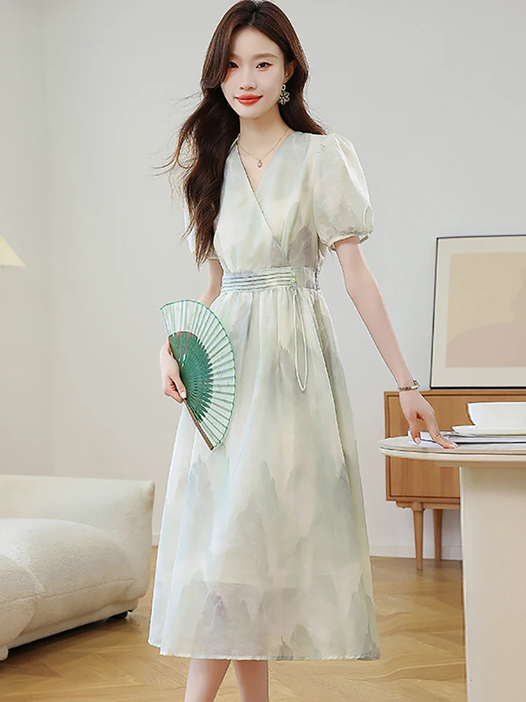 Women Print Short Sleeve V-Neck Casual Long Dress Summer Korean Bodycon One Piece Dress 2025 Elegant Luxury International Dress