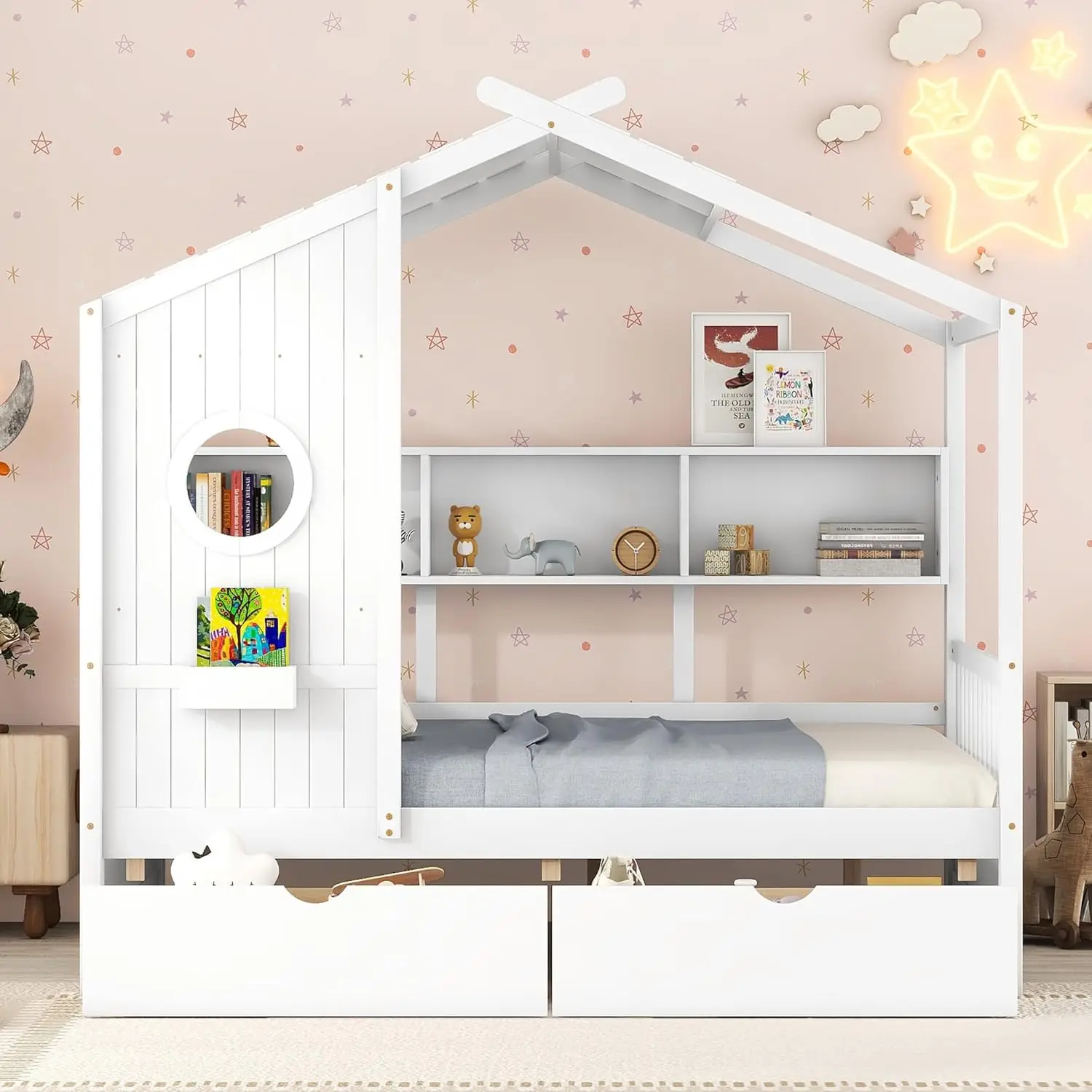 

Wooden Full Size House Bed with 2 Drawers,Kids Bed with Storage Shelf,for Kids Boys Girls Teens Bedroom Use (Full,White@Drawers)