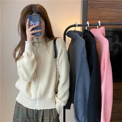 

ay Zipper Ne Knitted Open Cardigan Women's Spring Autumn Design Sense Stand Collar Sweater Jaet Loose pe Long Sve