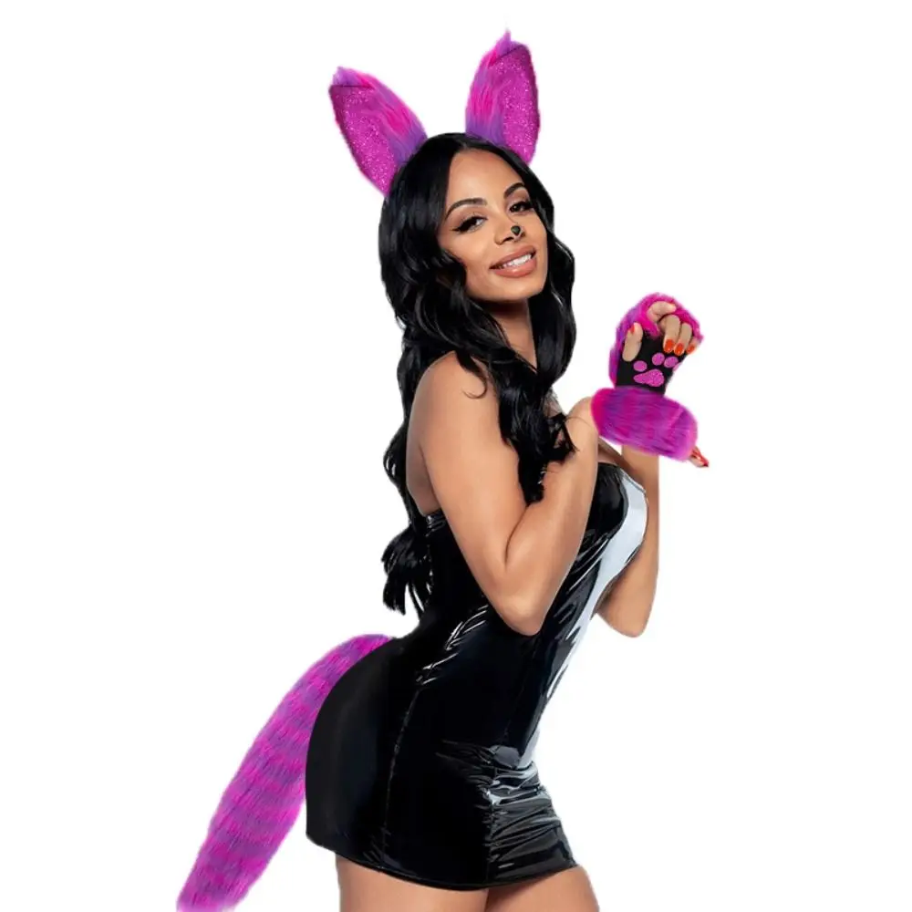 Ensemble de bandeaux oreilles de chat pour femme, mignon, en peluche, couvre-chef Cosplay Lolita, gants patte de chat, déguisement d'halloween Jk pour fille