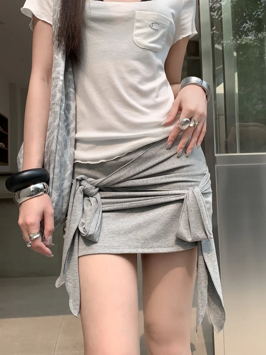 

Alien Kitty Irregular Tie Wrap Mini Skirt Women Bodycon Chic Slim-Fit Summer Coquette Hot Girl Bottoms High Waist Casual New