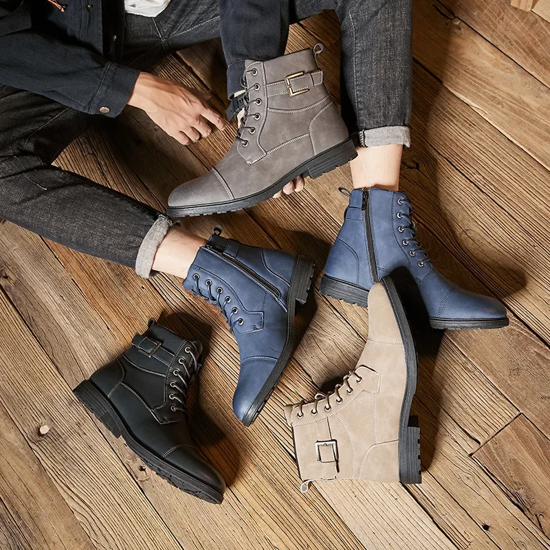 Anti Slip Retro Man Leather Boots Lace Up High Top Ankle Boots Autumn Winter Outdoor Men Martiin Boot Side Zipper Tooling Boots