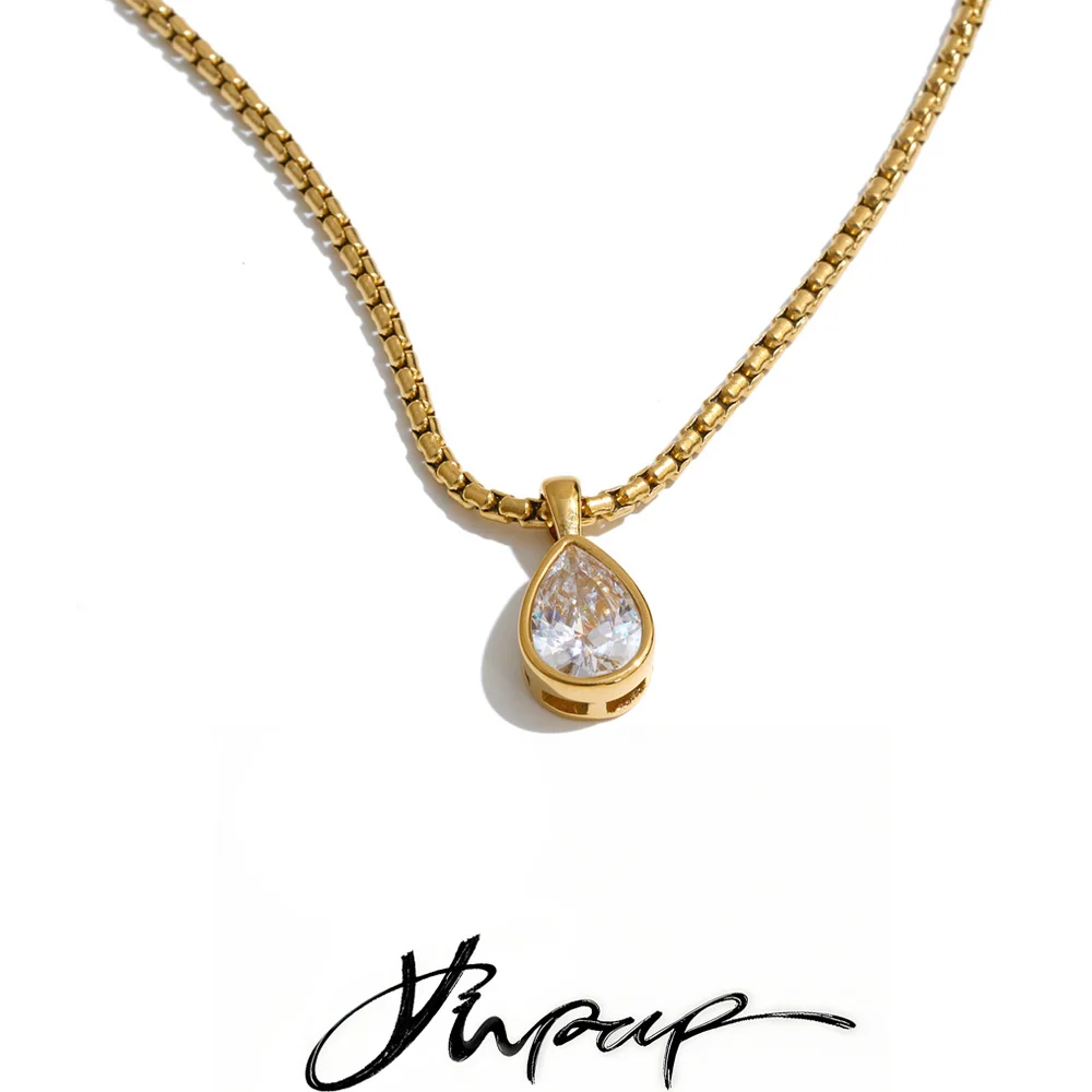 Yhpup Stainless Steel Zirconia Water Drop Necklace Pendant 16K PVD Plated Fashion Premium Women Jewelry Rust Proof
