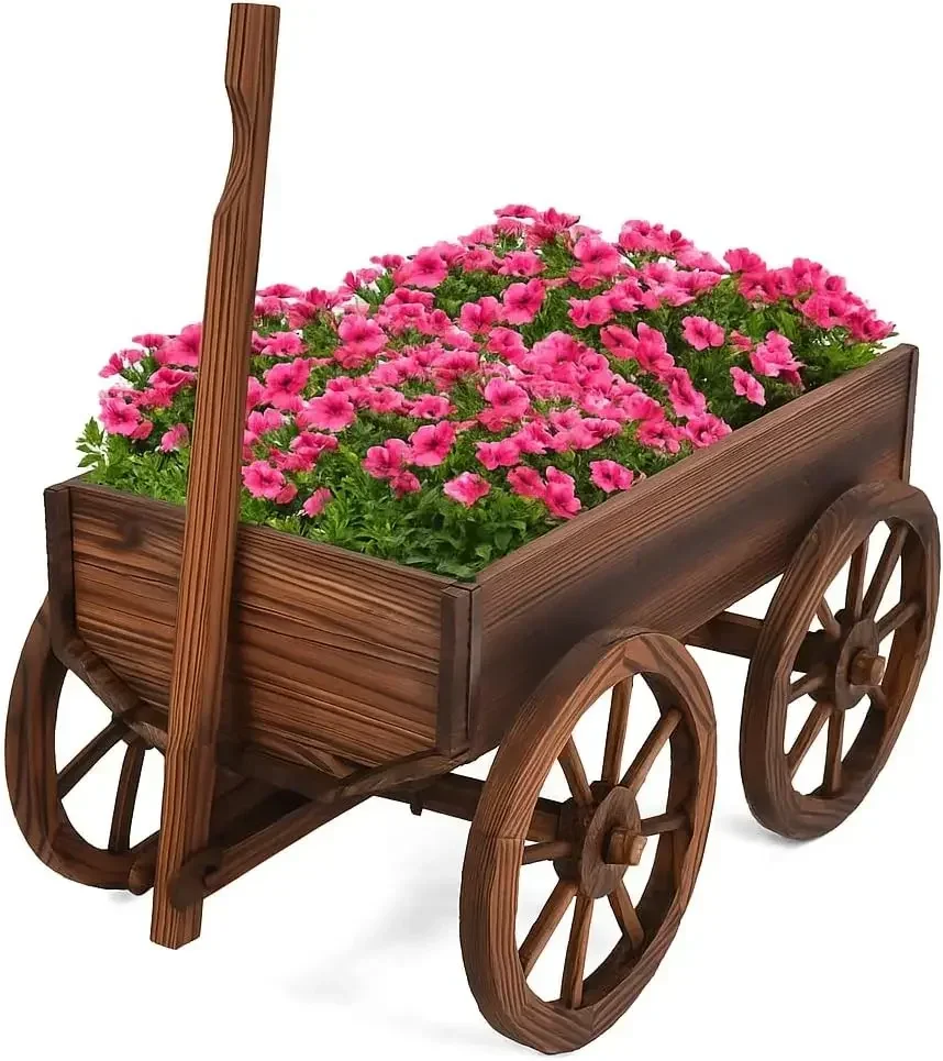 Tangkula Wooden Wagon Planter Box, Decorative Garden Planter w/Wheels, Handle, Drain Hole, Rustic Wooden Flower Cart for Indoor