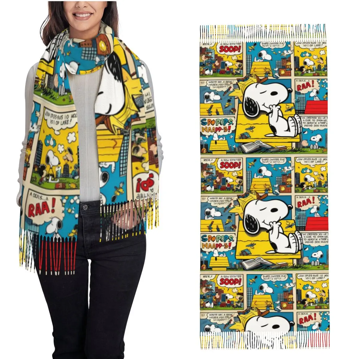 Womens Tassel Scarf Peanuts Comic Characters Snoopy Large Super Soft Shawl and Wrap Cartoon Animals Gifts Cashmere Scarf