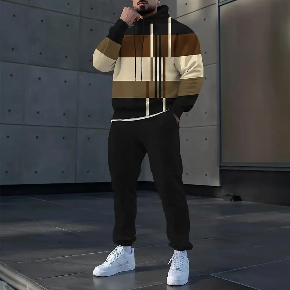심플한 스트라이프 프린트 남성 후드 세트 가을 겨울 캐주얼 스웨트셔츠 바지 투피스 패션 고품질 체육관 스포츠 의류