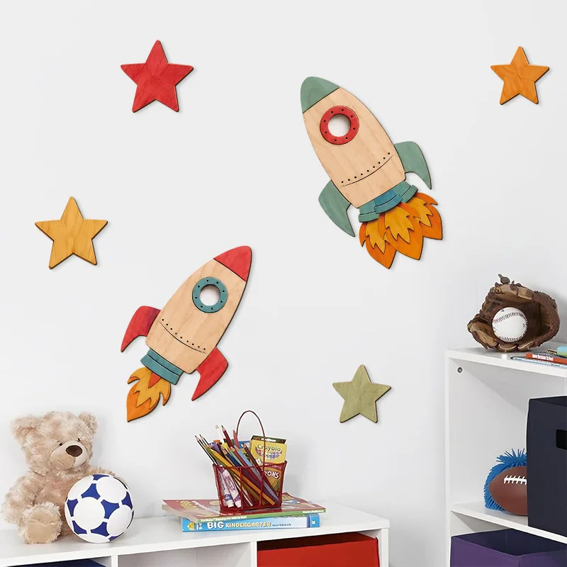 3D Space Rocket Wooden Wall Ornament Colorful Stars Hanging Decor Wood Plaque For Kids Room Baby Nursery Home Crafts Photo Props