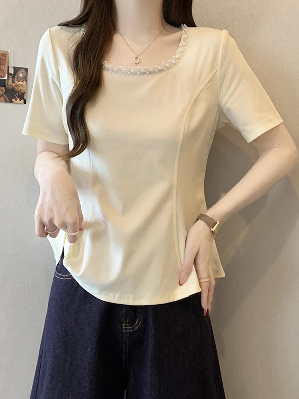 

Summer New Style Women's Short Sleeve T-Shirt Square Collar Beaded Fishbone Design Breathable Cotton Polyester Blend Casual Wear