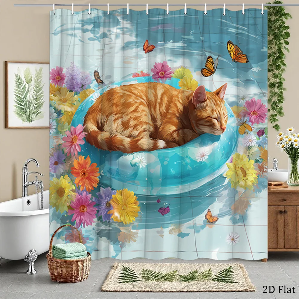 Cute Orange Cat Sleeping in Flower Pond Shower Curtain Bathroom Decor Tropical Floral Pet Shower Curtain