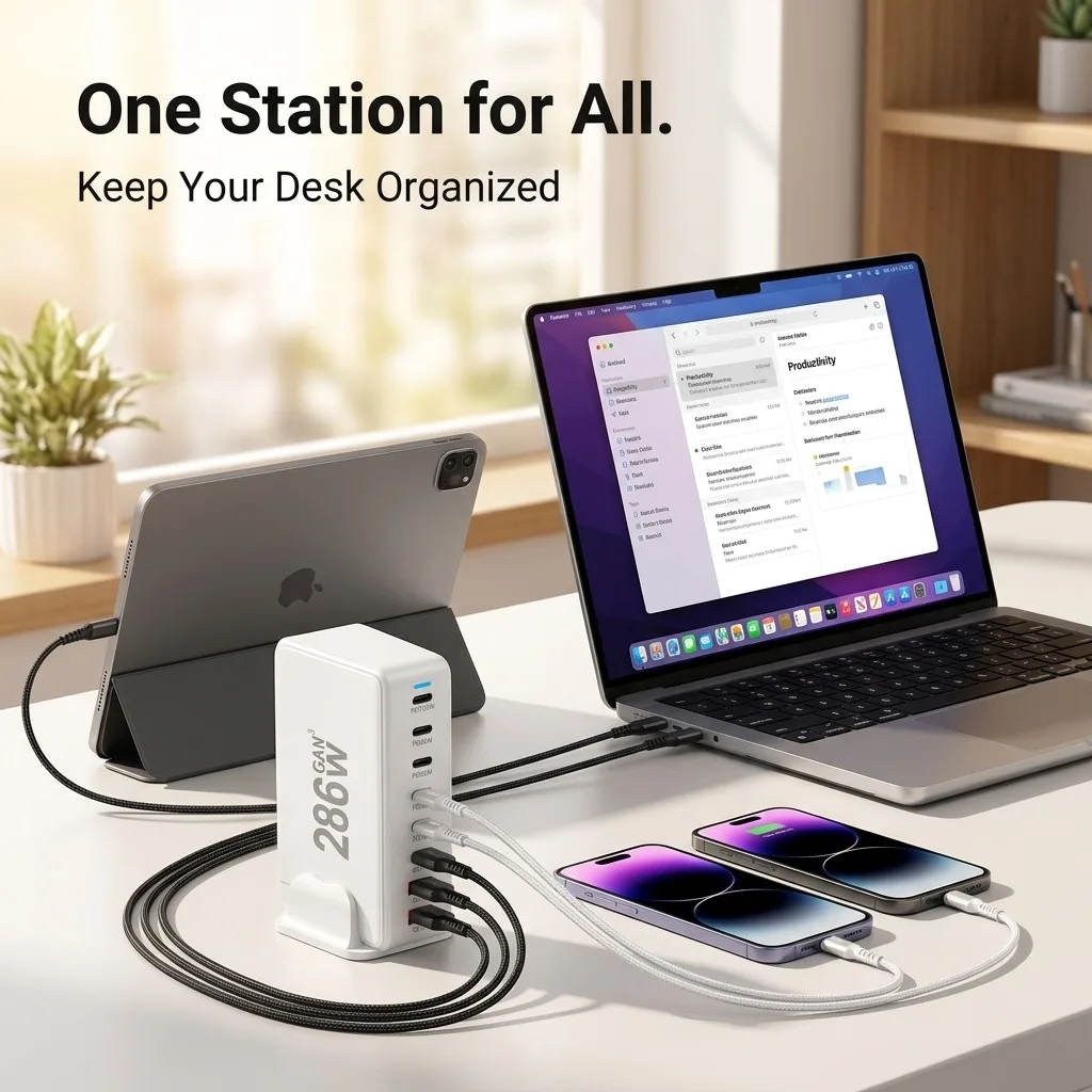 286W GaN Desktop Charging Station, 8-Port USB C Fast Charger with PD 100W Power Delivery, Multiport Charging Hub for MacBook Pro/Air, Laptops, iPhone, iPad, Samsung, Smartphone, 13x8x6.5cm