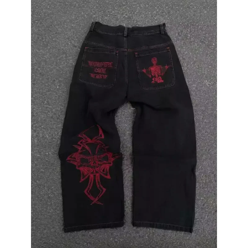 Pantalones vaqueros de pierna recta con bordado de calavera americana Retro, pantalones vaqueros versátiles informales Unisex, Material de algodón, diseño de manga Floral