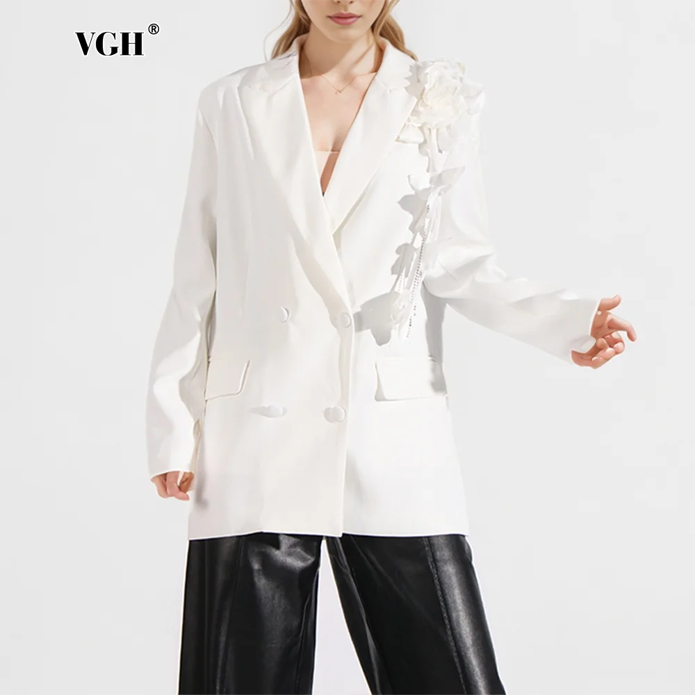 

VGH Solid Spliced Pockets Blazers for Women Notched Collar Long Sleeve Patchwork Double Breasted Coats Female Clothing Fashion