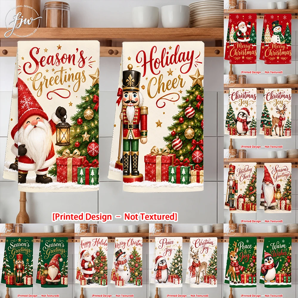 2pc Christmas Kitchen Towels Set, Festive Holiday Dish Towels with Cute Gnome Nutcracker Santa Designs for Xmas Home Decor