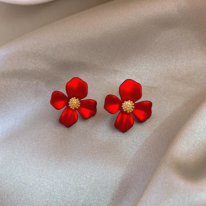 Flower Stud Earrings Red Petal Earring For Woman Korean Fashion Weddings Party Jewelry Accessories Gift