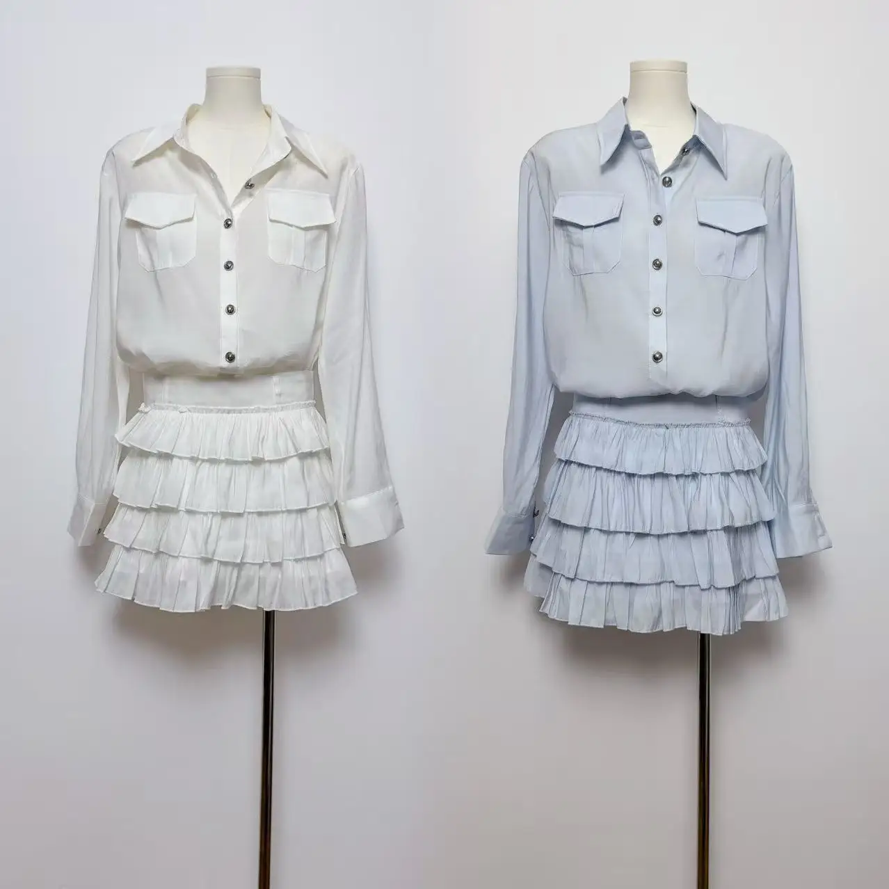 

Women's Elegant Two Pieces Skirt Set Lady Long Sleeve Pockets Loose Shirtr Top + Layered Ruffles Cake Mini Skirt