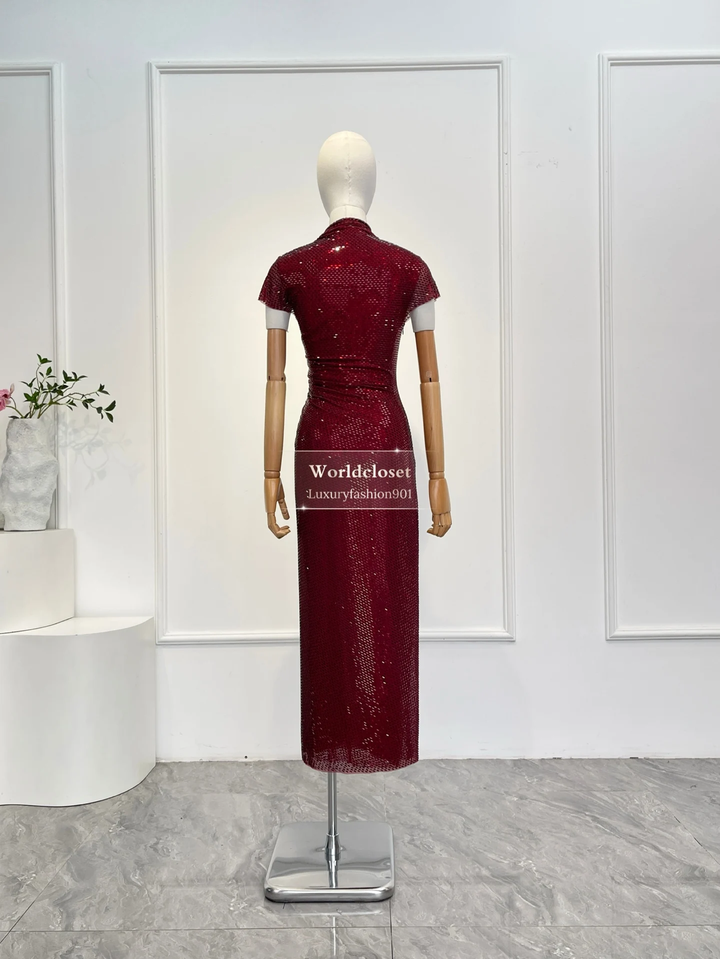 

Women Evening Gown Burgundy Red Grid Rhinestone Asymmetrical Neckline Ruched Bodice Fitted Cocktail Midi Dress