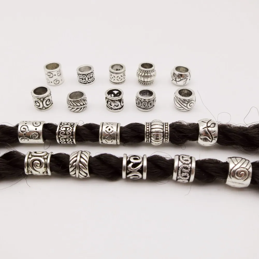 10pcs/pack Mix Different 10 Styles Hair Braid Dread Dreadlock Beard Beads Rings Tube Pendant DIY Necklace Jewelry Accessories