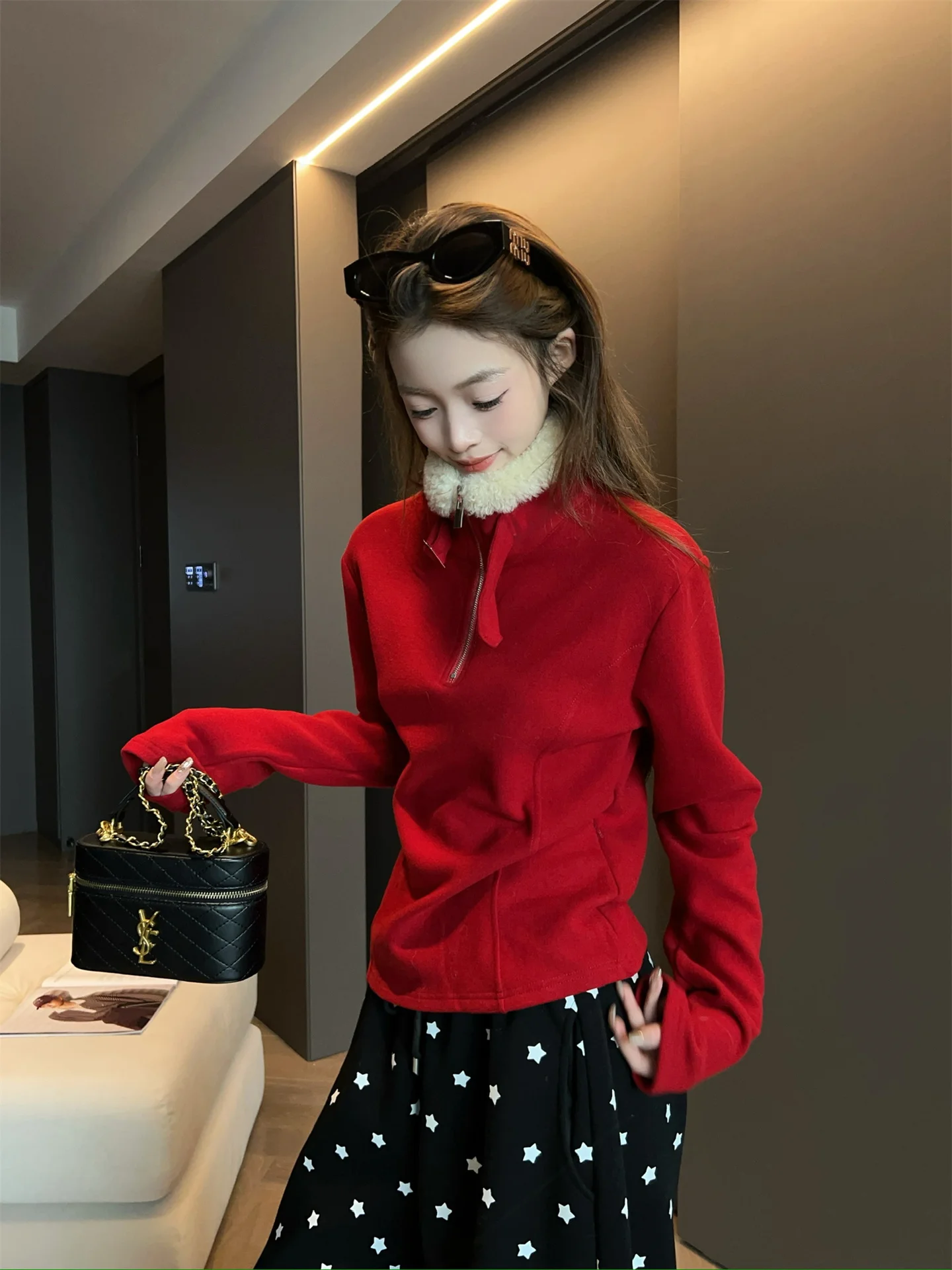 

Faionable Stand Collar Fce Lined Long Sve Women's T-irt Autumn Winter Slimming Versatile Base Layer Top