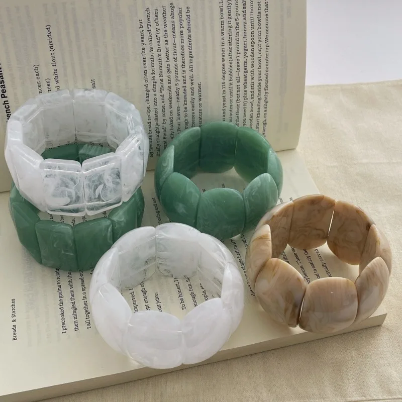 Minar Exaggerated Multicolor Oval Square Geometrical Acrylic Resin Elastic Chunky Bangles for Women Femme Bracelet Birthday Gift