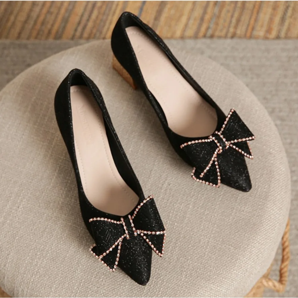 High Heels Women's Spring and Summer Shallow Mouth Medium Heel Pumps Women's New Pointed Thick Heel Bow Womens Shoes