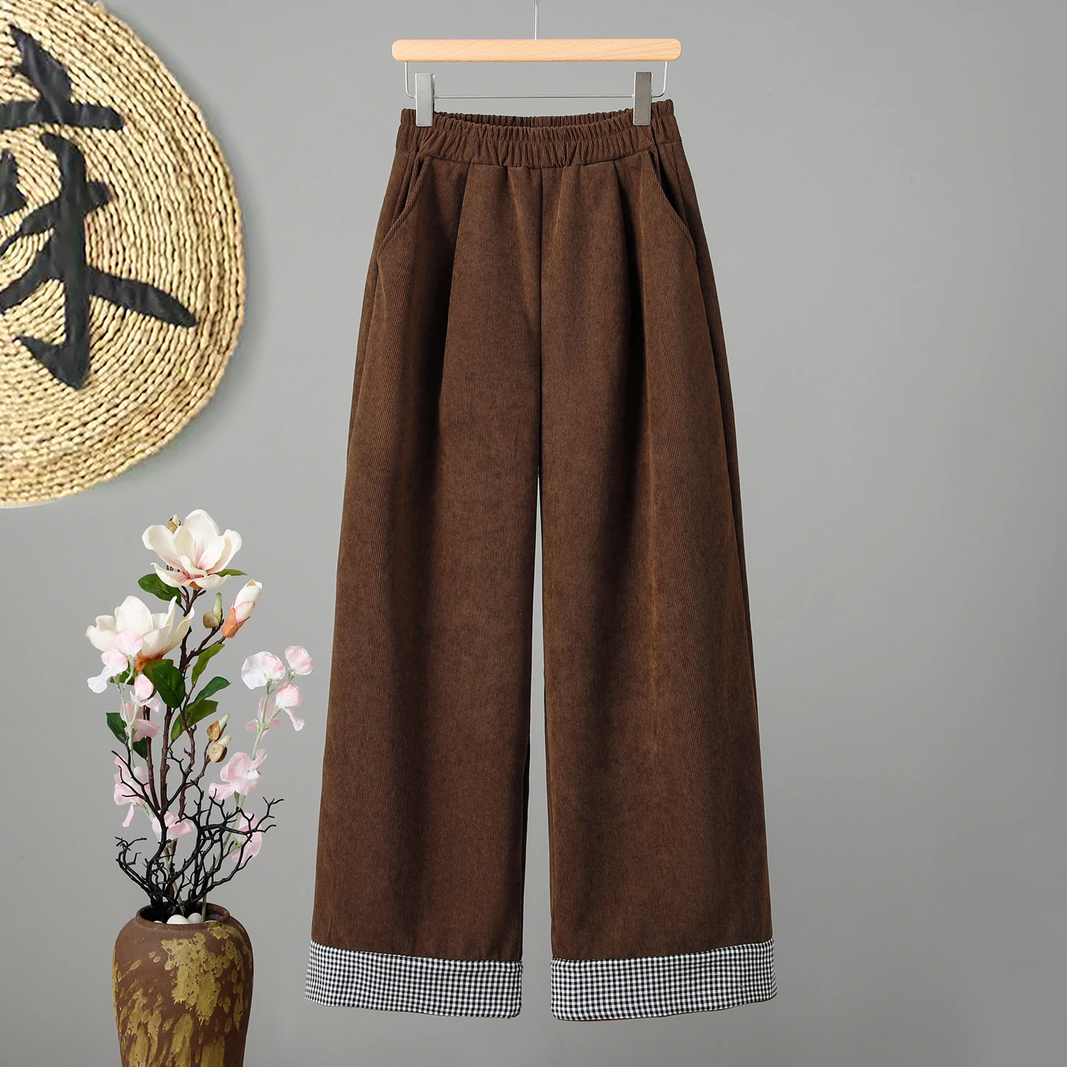 กางเกงขายาวทรงตรงผ้าลูกฟูกสไตล์วินเทจใหม่สำหรับฤดูหนาว ทรงหลวมสบายๆ เอวสูง ผ้าฝ้ายผสมโพลีเอสเตอร์