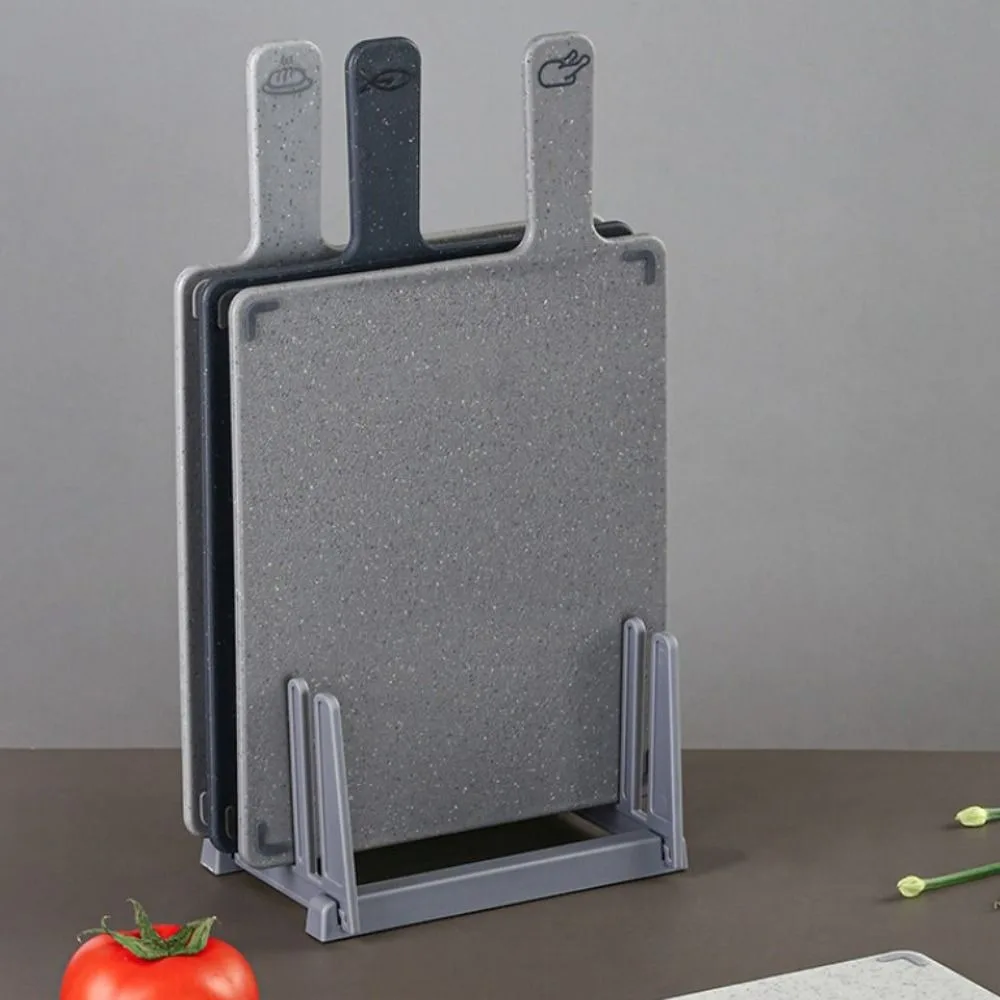 

4 Pieces Plastic Chopping Board Set with Storage Rack Crack-resistant Chopping Block Rectangular Extended Handle Slicing Board