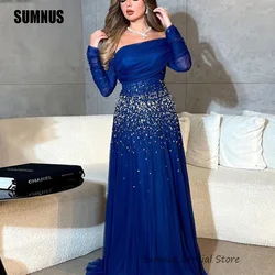 SUMNUS Shiny Royal Blue Boat Neck A Line Evening Dresses Long Sleeve Tulle Dubai Prom Gowns Beaded Arabic Party Dress Customized