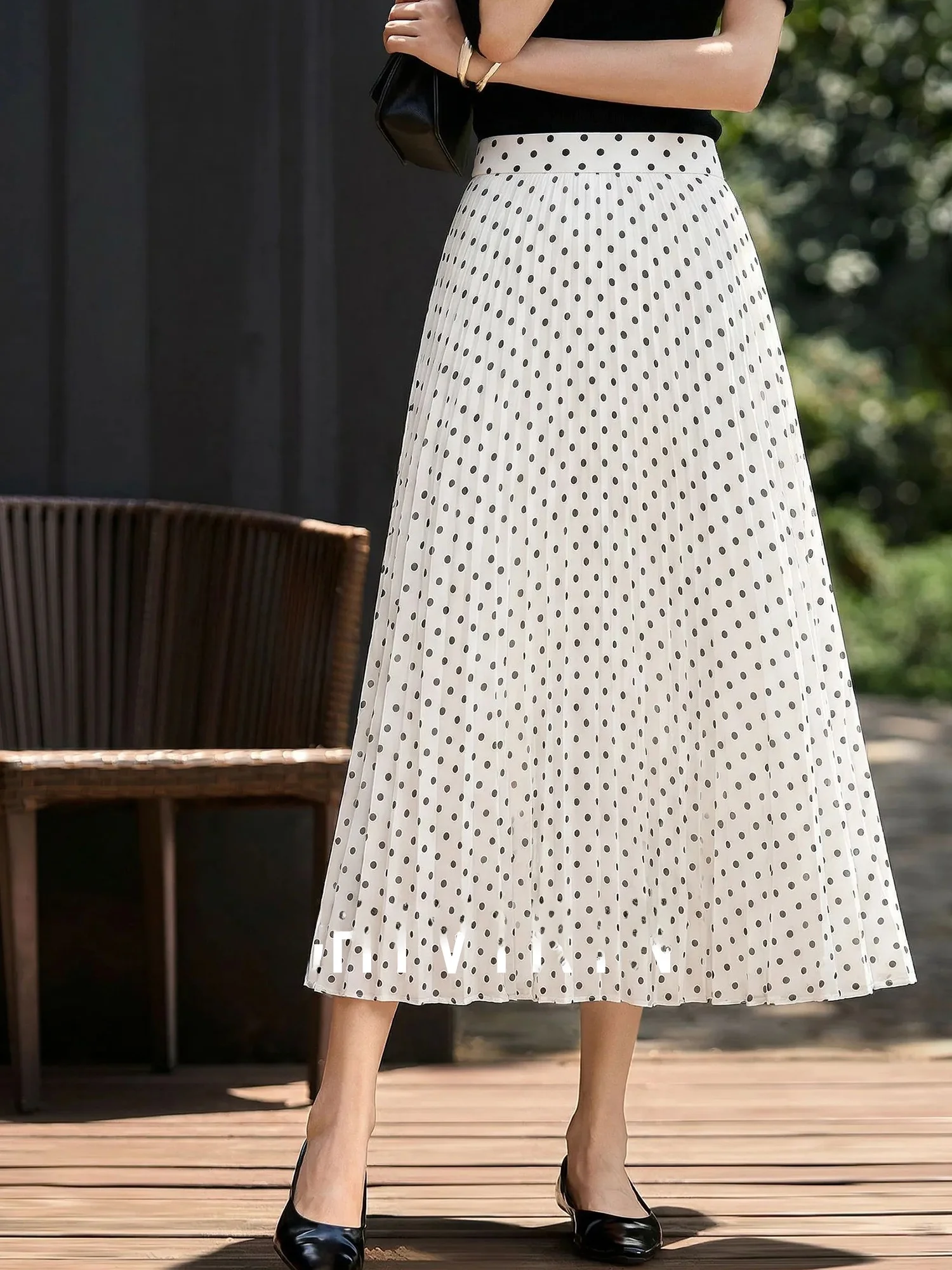 

Chivirin Elegant Polka Dot White Skirt High Waist Pleated Anti-Aging Summer Fashionable Women's Polyester Fiber Skirt