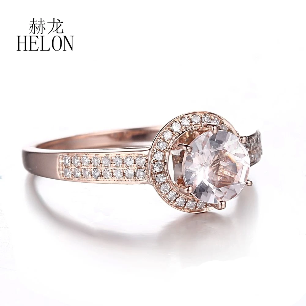 HELON Solid 14k Rose Gold Round Cut 6mm Natural Morganite Diamonds Engagement Ring Women Wedding Anniversary Fine Jewelry Gift