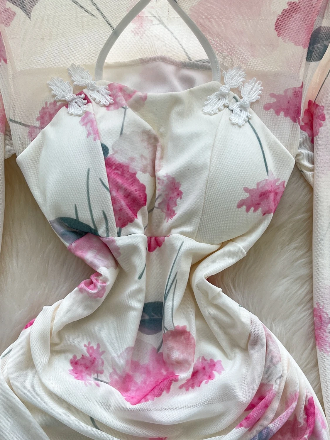 포멀리나 프린트 드레스 여성 2025 신상 패션 스탠드 넥 긴팔 컷아웃 시스루 메쉬 패치워크 슬림 바디콘 파티 드레스