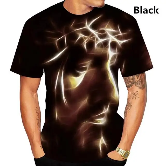 Men 3D Full Print Tee Golden Cloud Sacred Heart Portrait Crew Neck Soft Polyester Casual Summer Loose Street Top