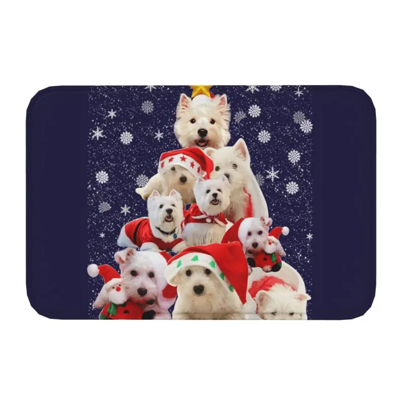 Westie Christmas Tree Dog Pajamas Front Floor Door Entrance Mat Indoor Highland Terrier Kitchen Doormat Living Room Carpet Rug