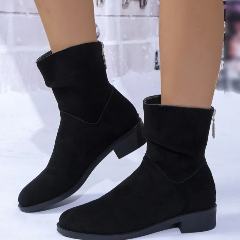 Autumn Womens Solid Pleated Ankle Boots Fashion Faux Suede Square Heel Boots Ladies Round Toe Back Zipper Office Shoes Boats