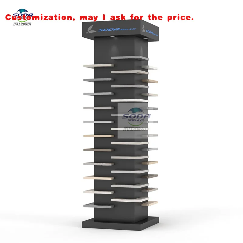 custom.Modern Metal Standing Display Rack with Spotlights Stone Customization, Durable Exhibition Fixture in BuildingMateria