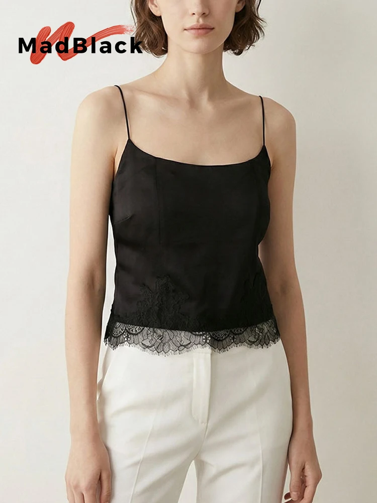 MadBlack-19MM 93%Silk Sexy Sling, With Cup Chest Pads, Women Eyelash Lace Thin Cool Satin Underwear, 2026 Summer New T64312CC