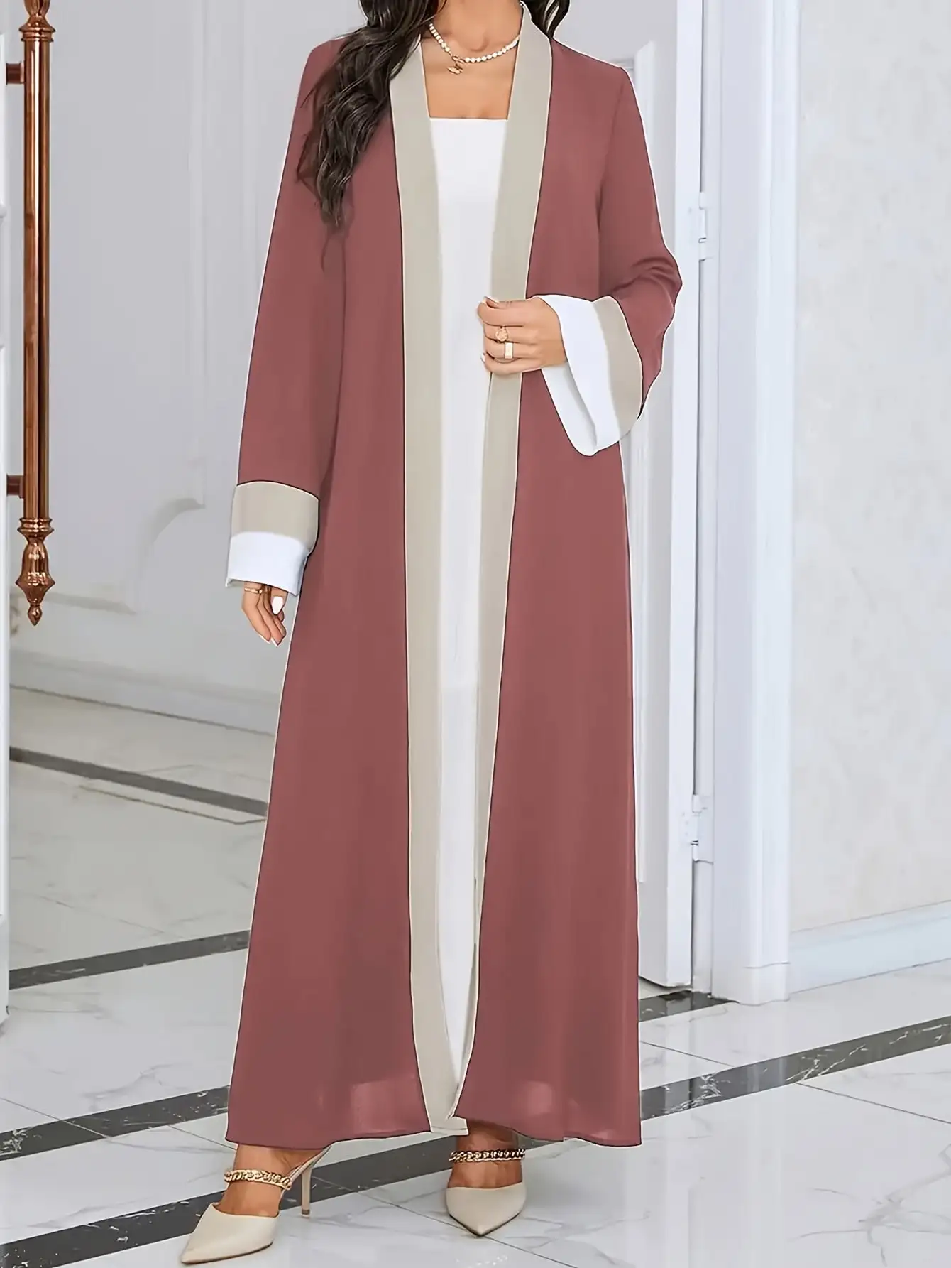 

2026 Women's Casual Ramadan Open Front Long Sleeve Dress, Elegant Color Contrasting Slim Fit Extra Long Dress, Women's Wear 1