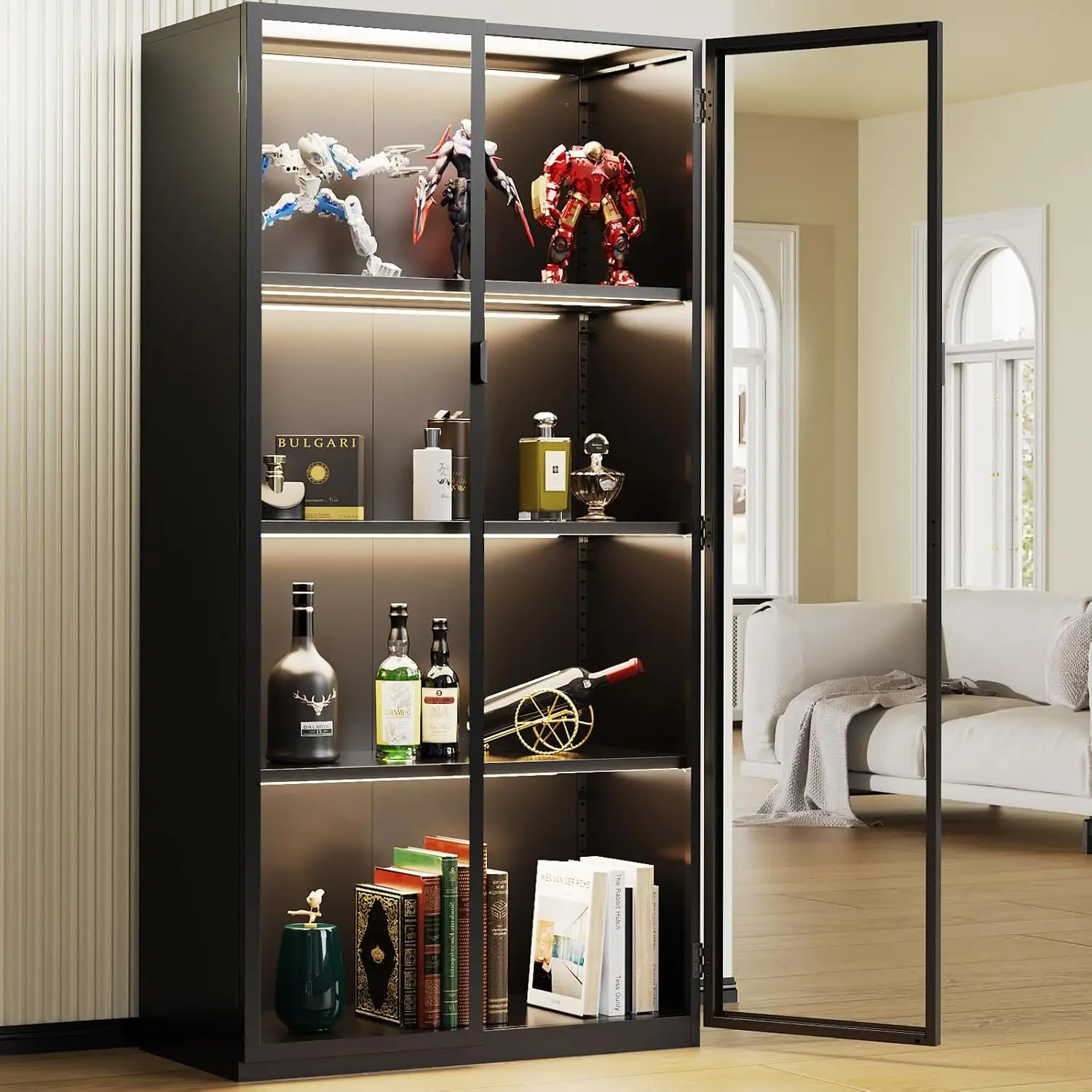 

Display Cabinet with Glass Doors, 4-Tier Curio Cabinet with 3 Color Lights,Glass Display Case for Collectibles with, Customized