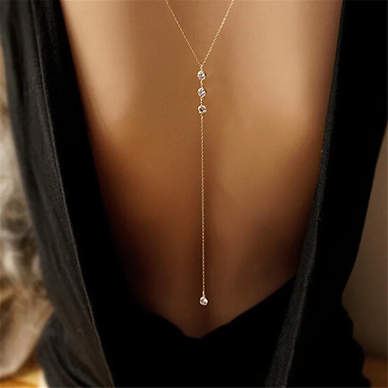 Sexy Summer Women Long Necklace Body Chain Bare Back Gold Crystal Pendant Necklace Beach Body Jewelry Wedding Dress