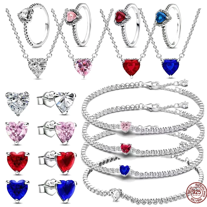 

Hot selling 925 sterling silver dazzling colored heart-shaped zircon ring necklace earrings original charm exquisite jewelry