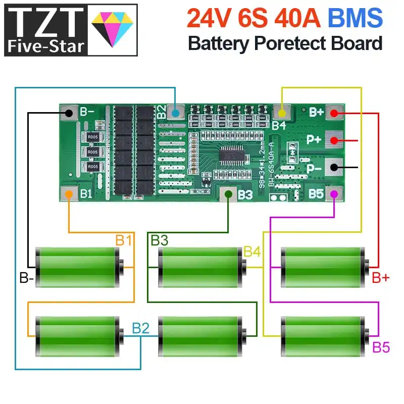 TZT 24V 6S 40A BMS 18650 Li-Ion Lithium Battery Poretect Board Solar Lighting BMS PCB With Balance For Ebike Scooter