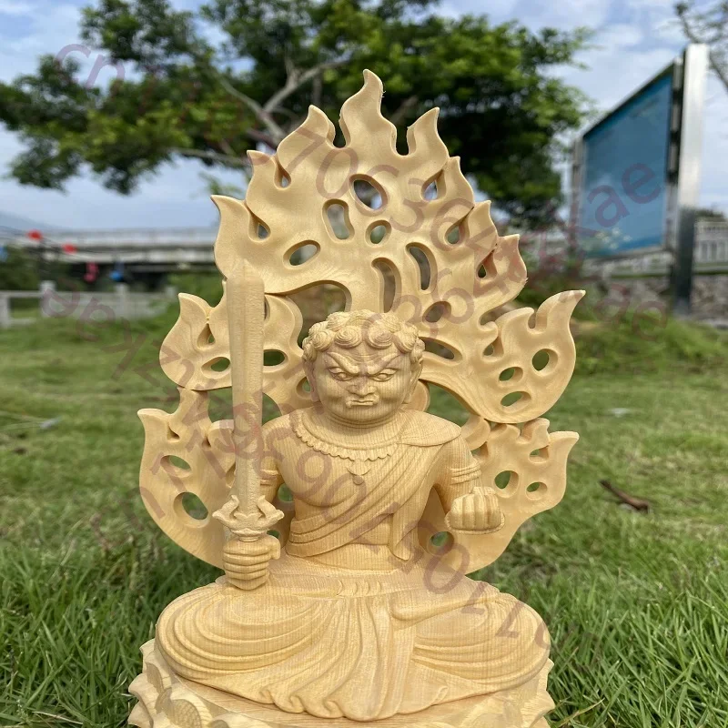 Hinoki Wood Hand Carved Fudo Myoo Statue Zodiac Rooster Guardian Buddhist Figurine Ornament Feng Shui Home Shrine Altar Decor