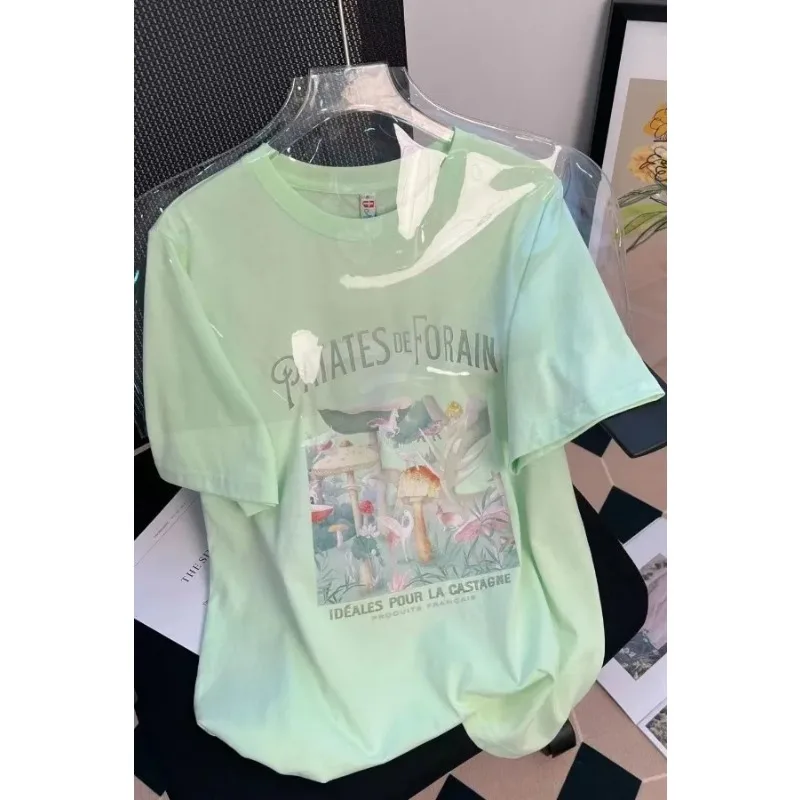Women's Cotton T-shirt with Forest Print Loose Casual Mint Green Summer Top