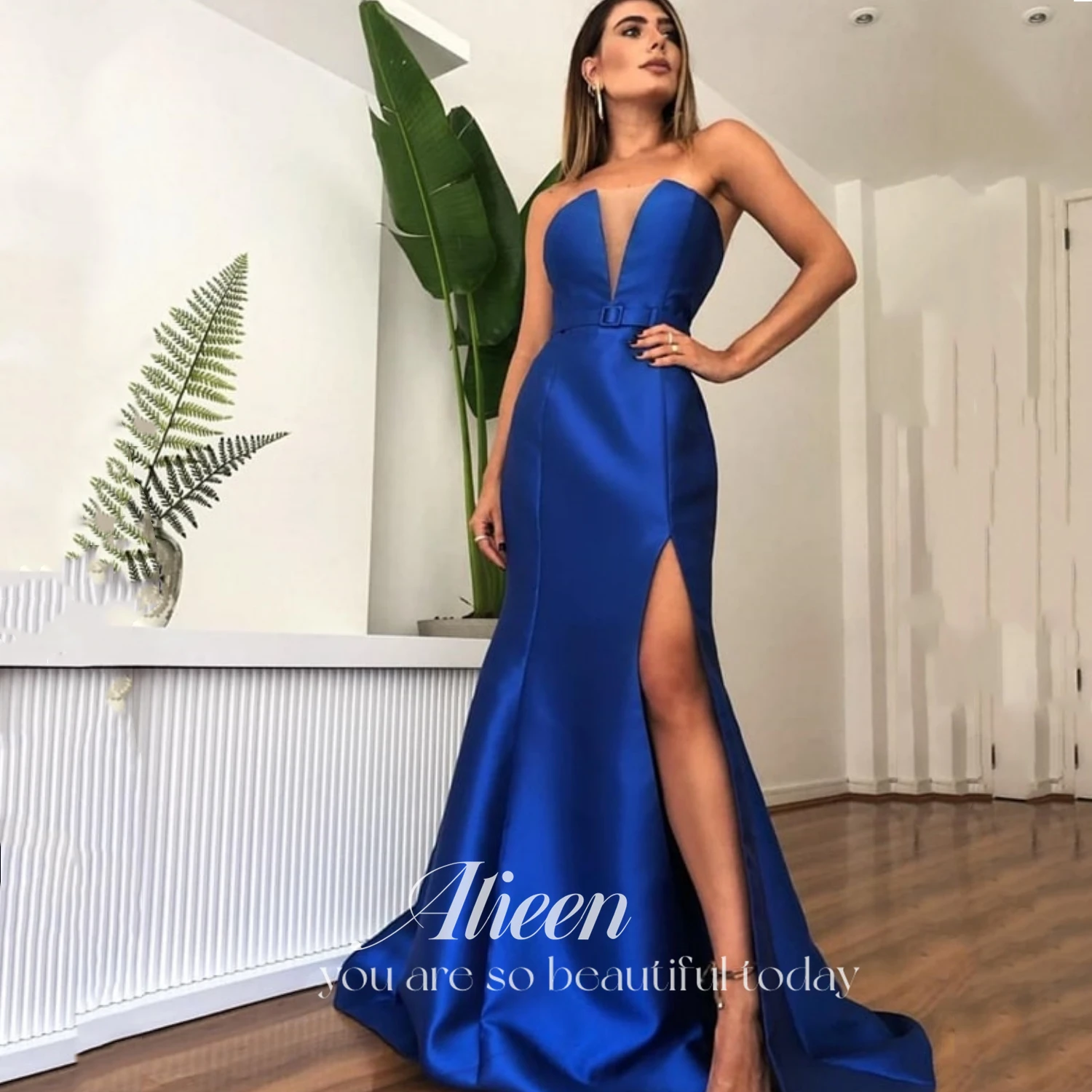 

Aileen Blue Prom Dresses Sexy Spaghetti Strap Formal Evening Gowns Side Split Saudi Arabia Simple Wedding Party Dress 2023