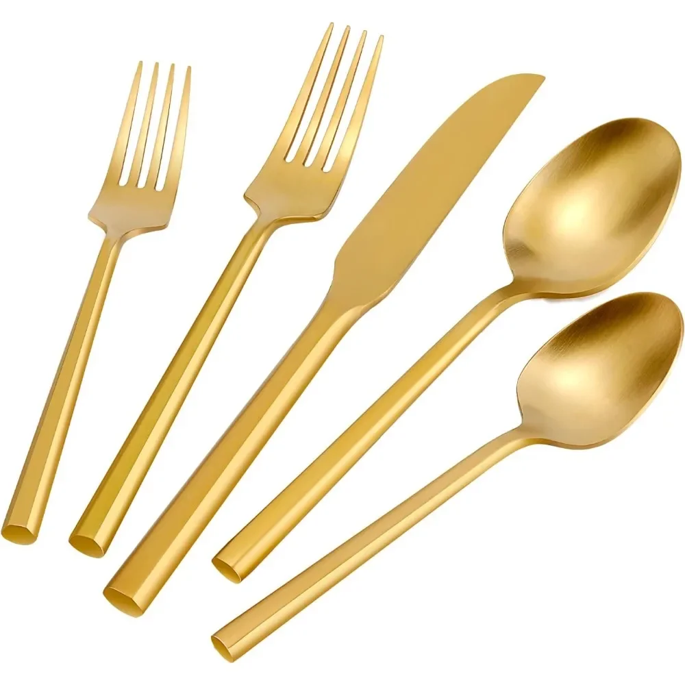 Silverware Set Flatware Set Matte Gold Cutlery Set Heavy Hexagon Handle Stainless Steel 60 Pieces Dishwasher Safe Service for 12