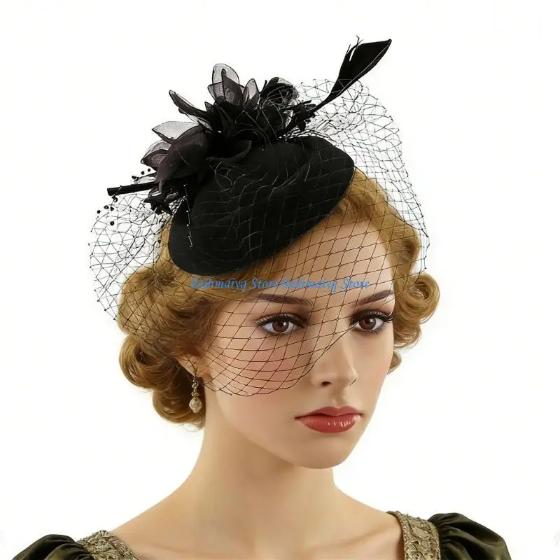 

573B Classical Derby Fascinator Hat Feathered Flower Fedoras for Women Cosplay Party