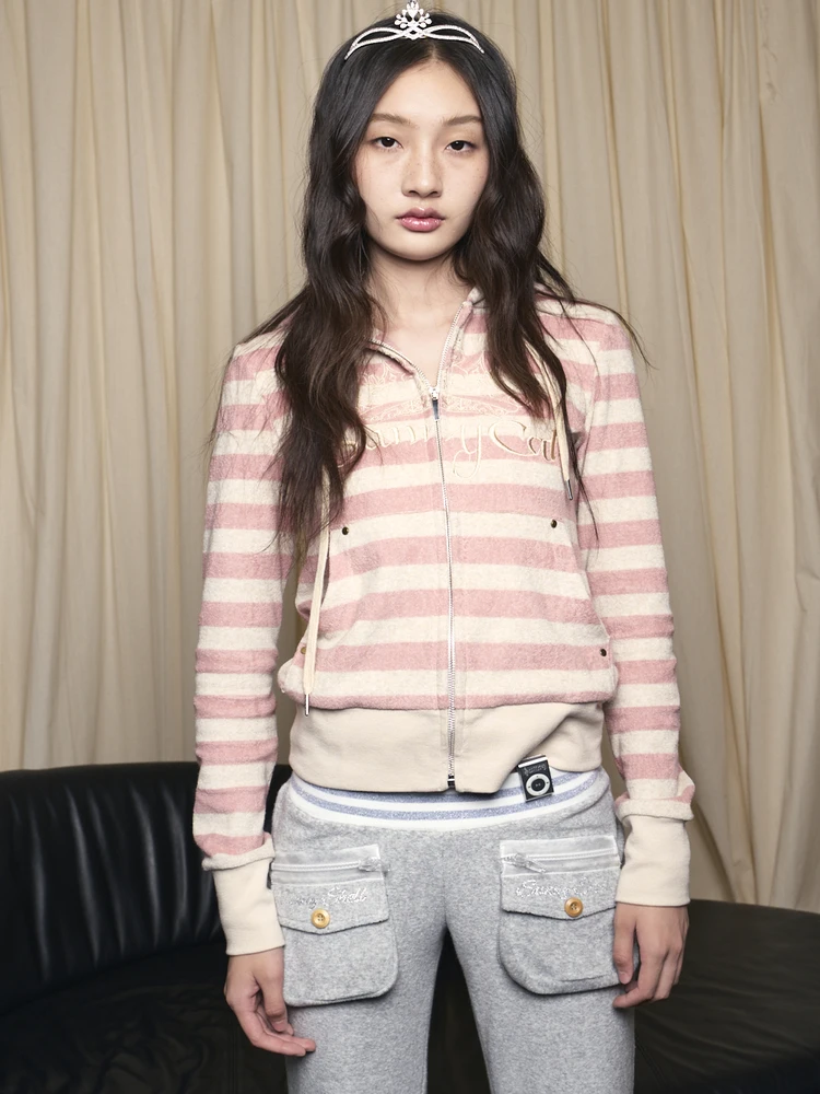 

Толстовка с капюшоном в розовую полоску в стиле ретро в полоску с вышивкой в виде короны Jaet, хлопковое длинное пальто на молнии све, женское модное пальто для поездок на работу